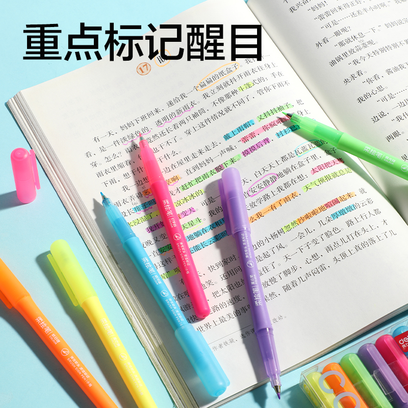 得力手帐笔缤纷色荧光笔柔绘笔重点标记笔学生记号笔大容量多支装可叠色彩色划重点小学初中高中做笔记手抄报 - 图1