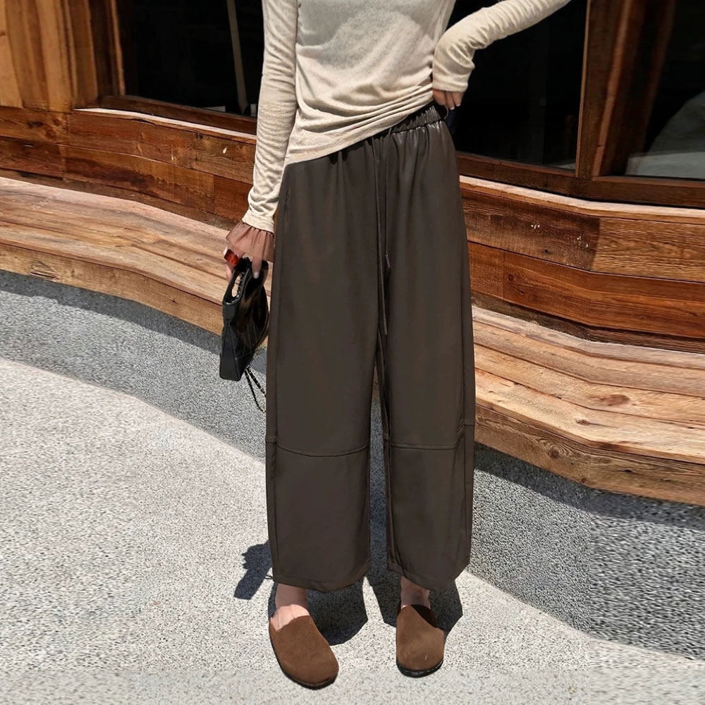 欧货时尚休闲收绳皮裤女2026秋冬款胖MM蛋白皮九分裤休闲直筒裤潮,淘宝优惠券,粉丝福利购,淘宝优惠卷