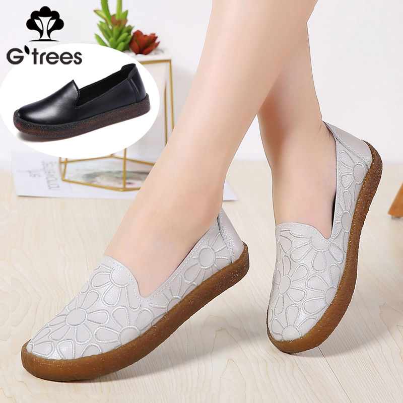 瓦蝶旗舰店真皮绣花豆豆鞋女单鞋平底女鞋妈妈鞋春懒人鞋牛筋软底大码工作鞋0