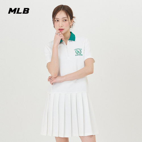 MLB官方 女款学院风连衣裙半拉链刺绣logo百褶裙OPV04 - 图0