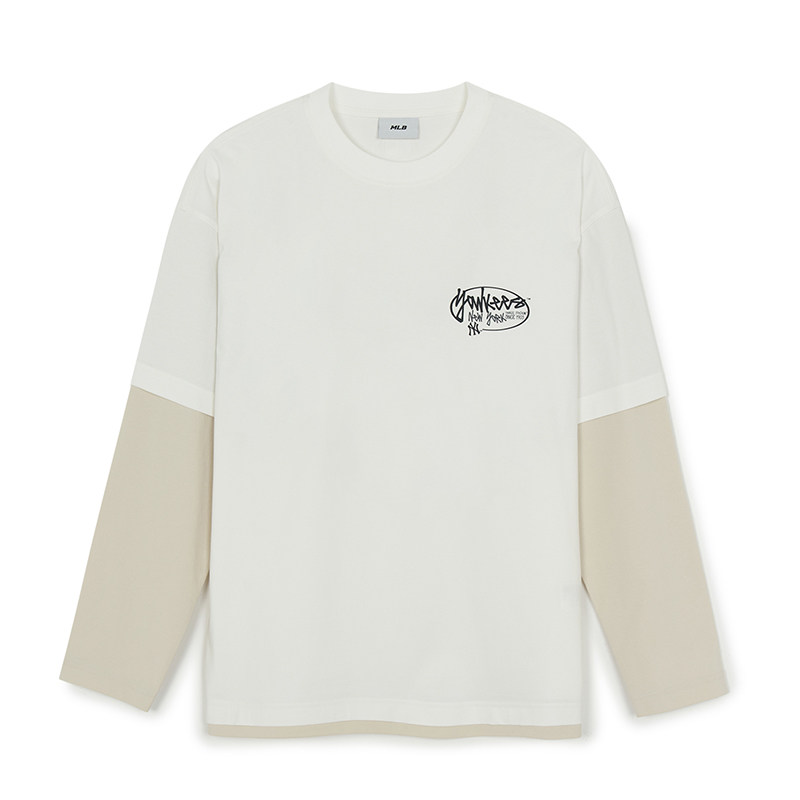 MLB官方 男女同款时尚假两件涂鸦印花防晒长袖T恤26春季新款TSB05,淘宝优惠券,粉丝福利购,淘宝优惠卷