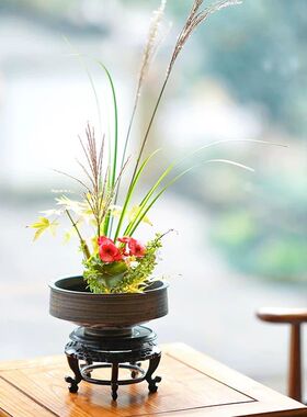 鎏金高脚碗型花器中式日式茶空间茶席桌面插花器皿 民宿客厅摆件