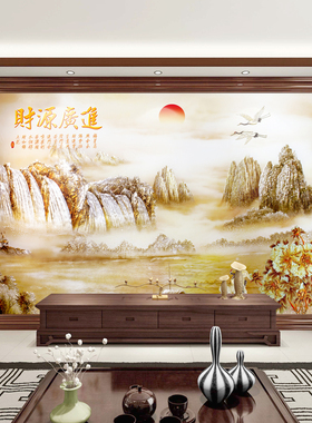 水墨山水画中殿背景墙壁画客厅挂画不干胶画电视山水画装饰画墙纸