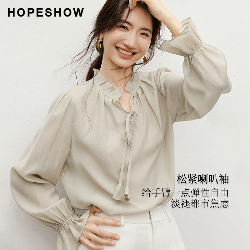 红袖2025秋季新款女装木耳边花卉系带松紧喇叭袖正肩短款上衣