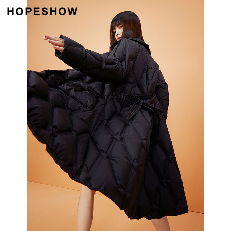 红袖双面系带显瘦羽绒服hopeshow2023冬新款长款保暖菱格外套女