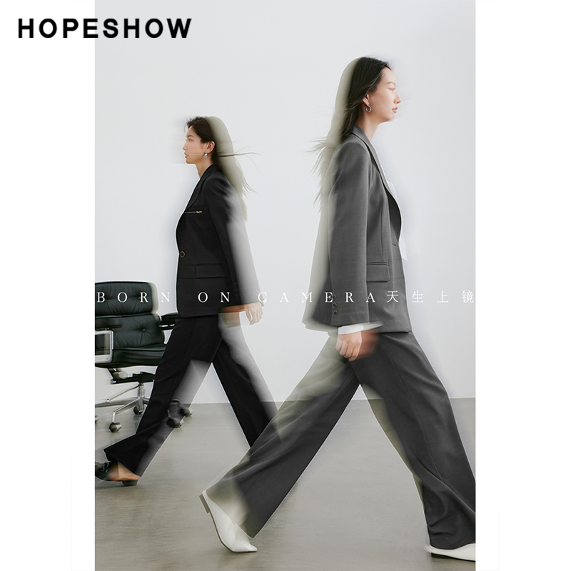 红袖金属标单排扣垫肩西装hopeshow2024夏新款枪驳领宽松外套女 - 图0