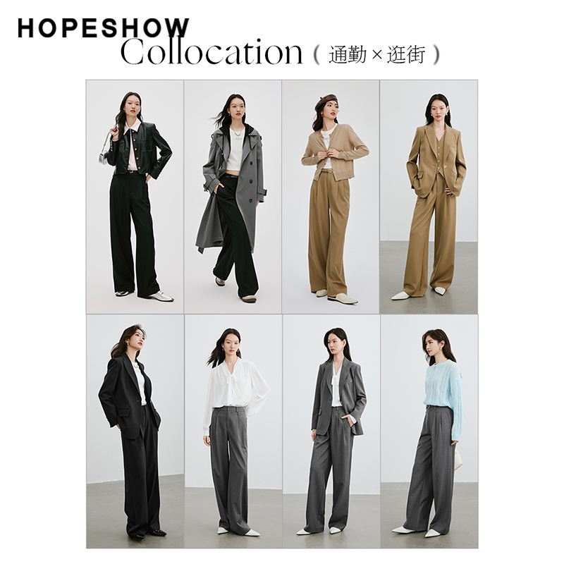 红袖简约纯色双褶阔腿长裤hopeshow2024春新款垂感通勤垂感休闲裤-图0