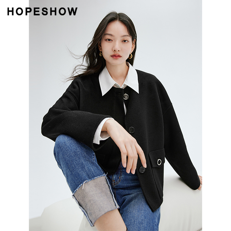 红袖outlets复古气质通勤外套hopeshow2023冬款含羊毛双面呢大衣