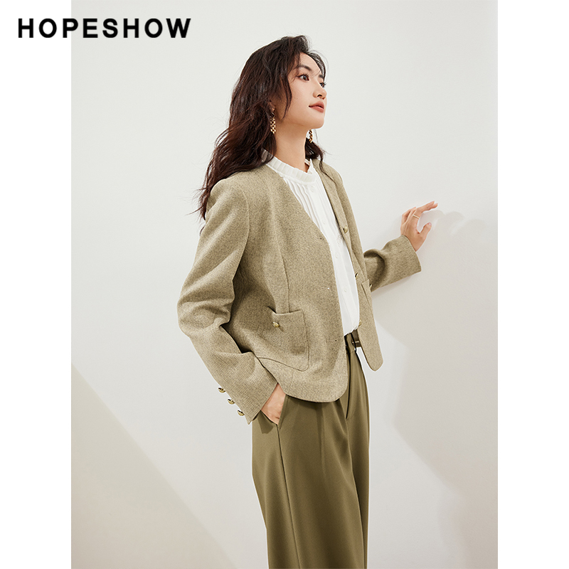 红袖outlets香风高级感V领外套hopeshow2023秋装新款温柔知性风女