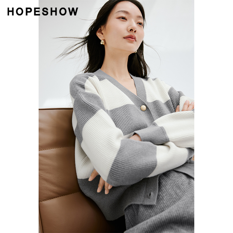 红袖outlets拼色条纹针织衫hopeshow2023冬装新款落肩慵懒开衫女