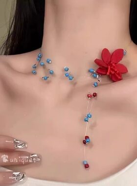 春日纯欲风花朵项链红蓝色串珠锁骨链春日明媚choker高级感颈链