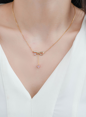 堤喜纯银蝴蝶结项链粉色爱心