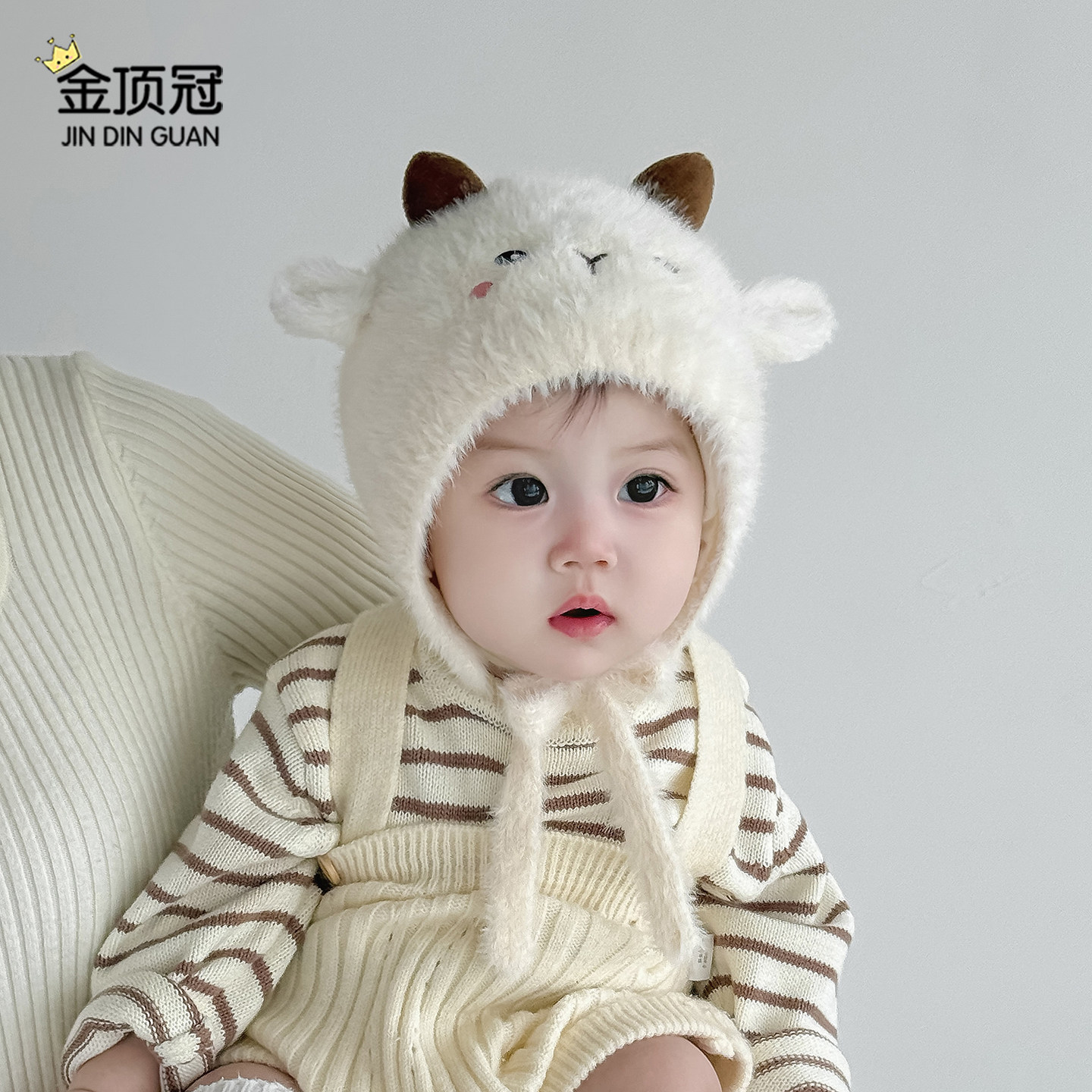 婴儿帽子冬季毛绒护耳帽男女宝宝保暖防风加厚针织帽小月龄外出帽