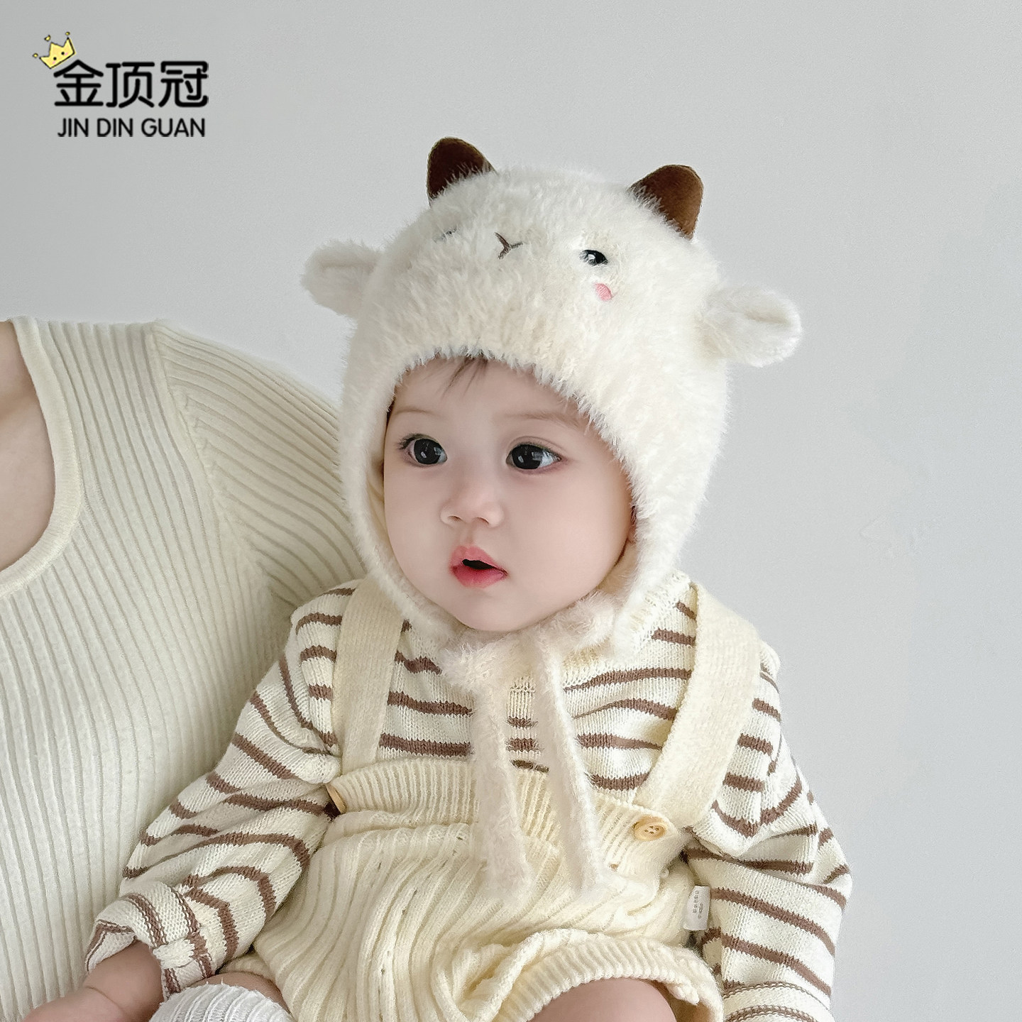 婴儿帽子冬季毛绒护耳帽男女宝宝保暖防风加厚针织帽小月龄外出帽