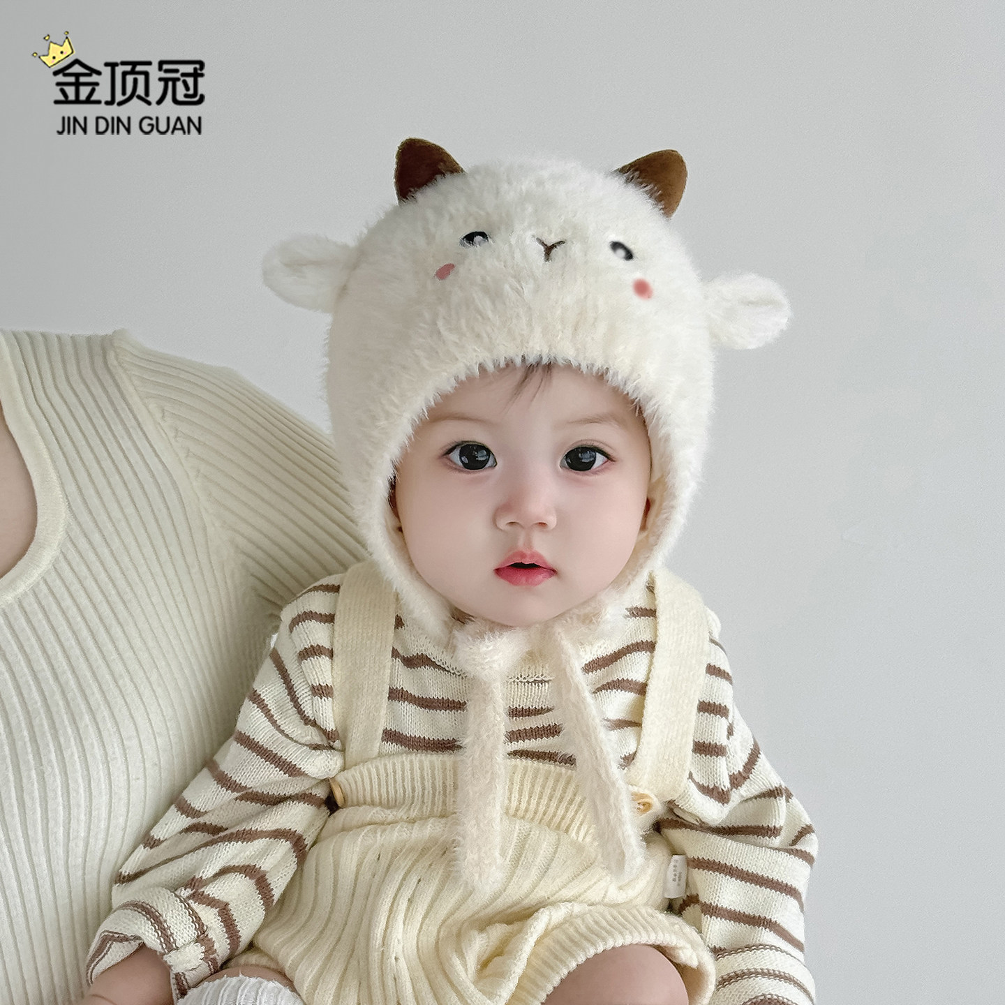 婴儿帽子冬季毛绒护耳帽男女宝宝保暖防风加厚针织帽小月龄外出帽