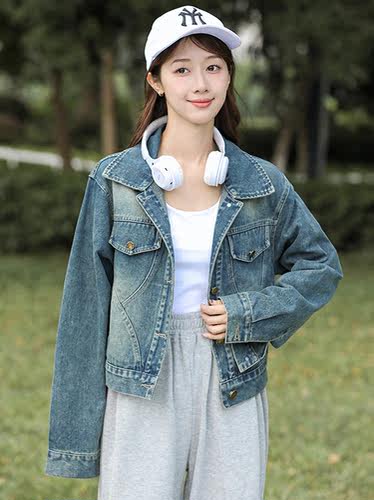 牛仔外套女2024春秋短款韩版宽松小个子显瘦复古设计感夹克上衣潮 - 图1