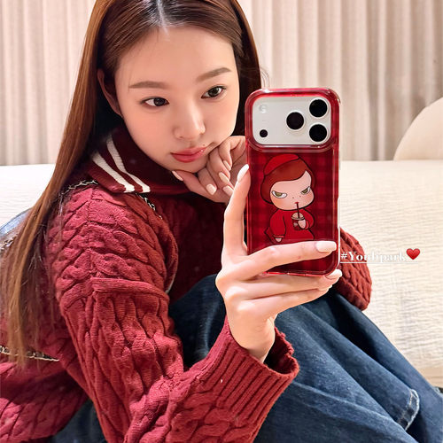 由里公园ins可爱新年红格纹奈良美智插画适用17pro苹果17ProMax手机壳iPhone16全包14新款16Promax保护套13女 - 图1