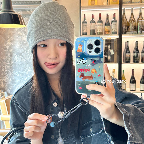 由里公园ins可爱少女小众油画狗狗15适用17pro苹果17ProMax手机壳iPhone16全包17新款14Promax保护套13软挂绳 - 图0