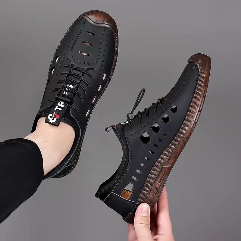 新款夏季上线牛筋底凉鞋男鞋子百搭透气镂空中老年休闲洞洞拖鞋子 - 图1