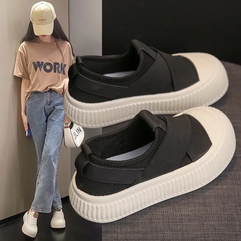 小白鞋女2025新款春秋季透气女鞋子饼干帆布鞋一脚蹬厚底百搭板鞋,淘宝优惠券,粉丝福利购,淘宝优惠卷