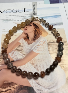 天然水晶黑发晶黑金超七金发晶金钛晶沉香串珠设计毛衣项链46cm