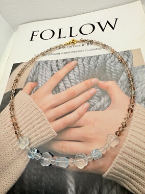 天然水晶海蓝宝托帕黑金超七纯银串珠原创设计项链46cm