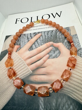 天然水晶金沙月光石胶花纯银串珠设计毛衣链项链46cm