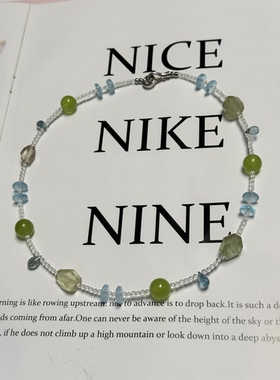 天然水晶绿兔毛魔鬼海蓝宝托帕岫玉白水晶手作项链46cm