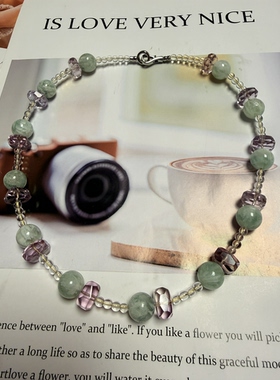 天然黄水晶萤石紫水晶白水晶黄铜镀金S925纯银串珠原创项链46cm