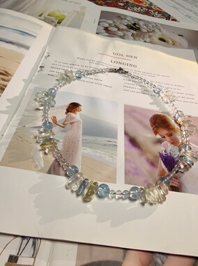 天然水晶托帕海蓝宝白水晶手作串珠原创双层设计项链46cm