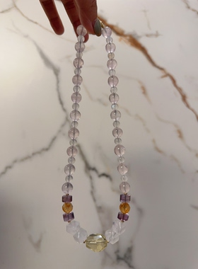 天然水晶蓝月光粉水晶紫水晶黄水晶铜镀真金串珠原创设计项链46cm