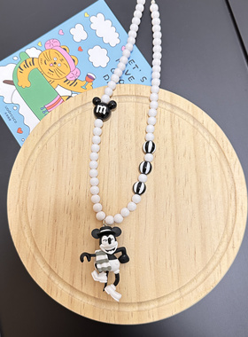 Liya手作迪士尼米奇中古项链黑色串珠搞怪可爱卡通毛衣链颈链饰品