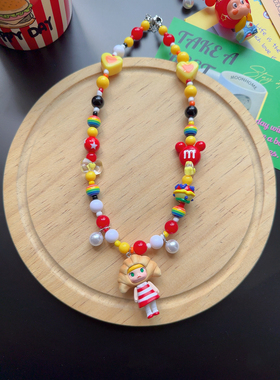 原创卡通可爱牛角包泡泡玛特苹果星星人多巴胺彩色串珠项链配饰品