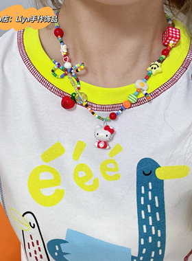 Liya手作多巴胺彩色苹果星星串珠项链2025新款KT猫糖果色颈链女饰