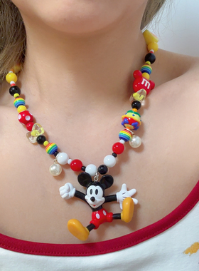Liya手作迪士尼米奇汉堡美式项链卡通米老鼠多巴胺串珠锁骨配饰女