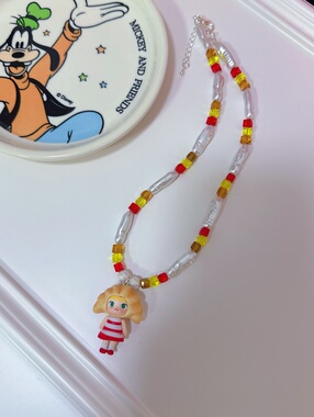 Liya手作水晶串珠可爱泡泡玛特萌粒芭蕾牛角包娃娃短款项链颈链女