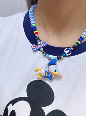 Liya手作迪士尼正版唐老鸭可爱卡通多巴胺项链女彩色串珠潮流饰品