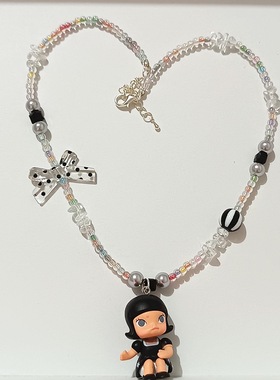 Liya手作重工水晶串珠经典黑白小丑小魔女泡泡玛特萌粒短款项链女