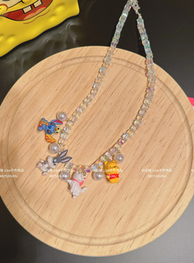 小红书同款透明水晶串珠兔八哥玛丽猫史迪仔中古卡通短款项链颈链