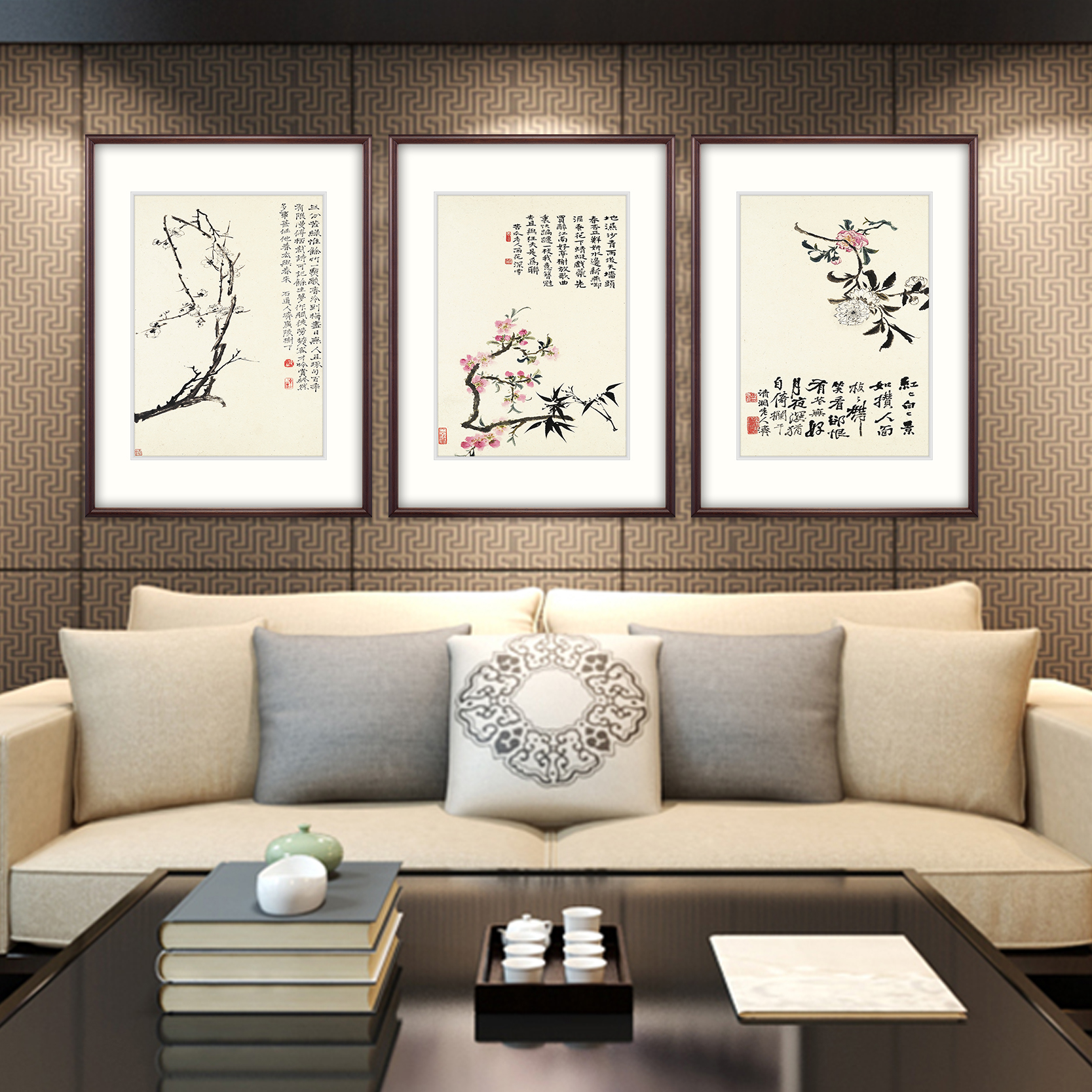 奕境 新中式挂画客厅三联装饰画沙发背景墙竖版国画 石涛花满枝头 - 图2