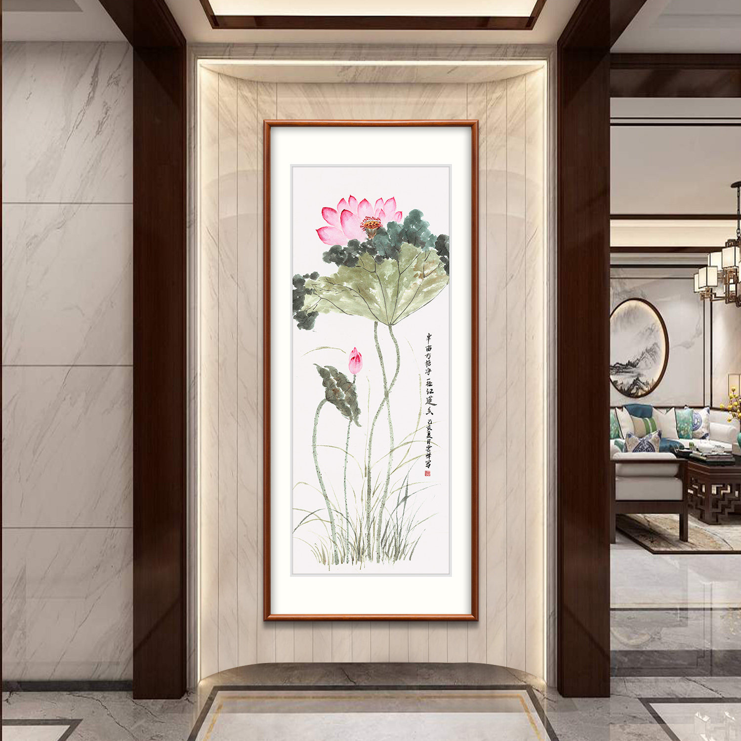 奕境新中式玄关挂画正对门走廊过道装饰画荷花国画高端和和美美_虎窝淘
