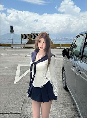 辣妹领学院风T恤短裙上衣两件套百褶女夏海军高腰显瘦套装女新款