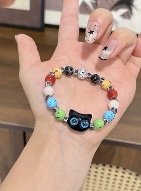 热销骷髅猫咪编织绳手链女小众设计感甜酷中国风流苏彩色手串手饰