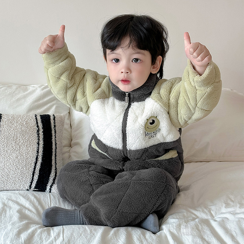 儿童睡衣冬季男童三层加厚珊瑚绒居家套装冬款男孩夹棉家居服高领,淘宝优惠券,粉丝福利购,淘宝优惠卷