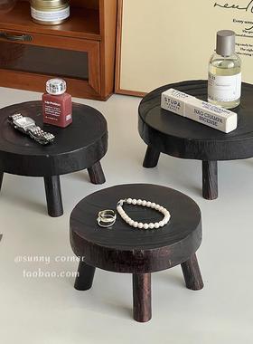 复古木质圆形高脚托盘摆件香水香薰桌面整理置物架首饰展示收纳盘