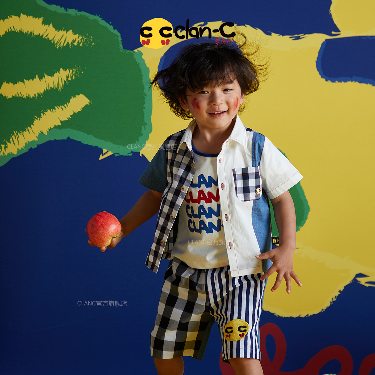 clanc韩版潮牌2024夏新款男童时尚格子满印纯棉休闲舒适短袖衬衫 - 图2