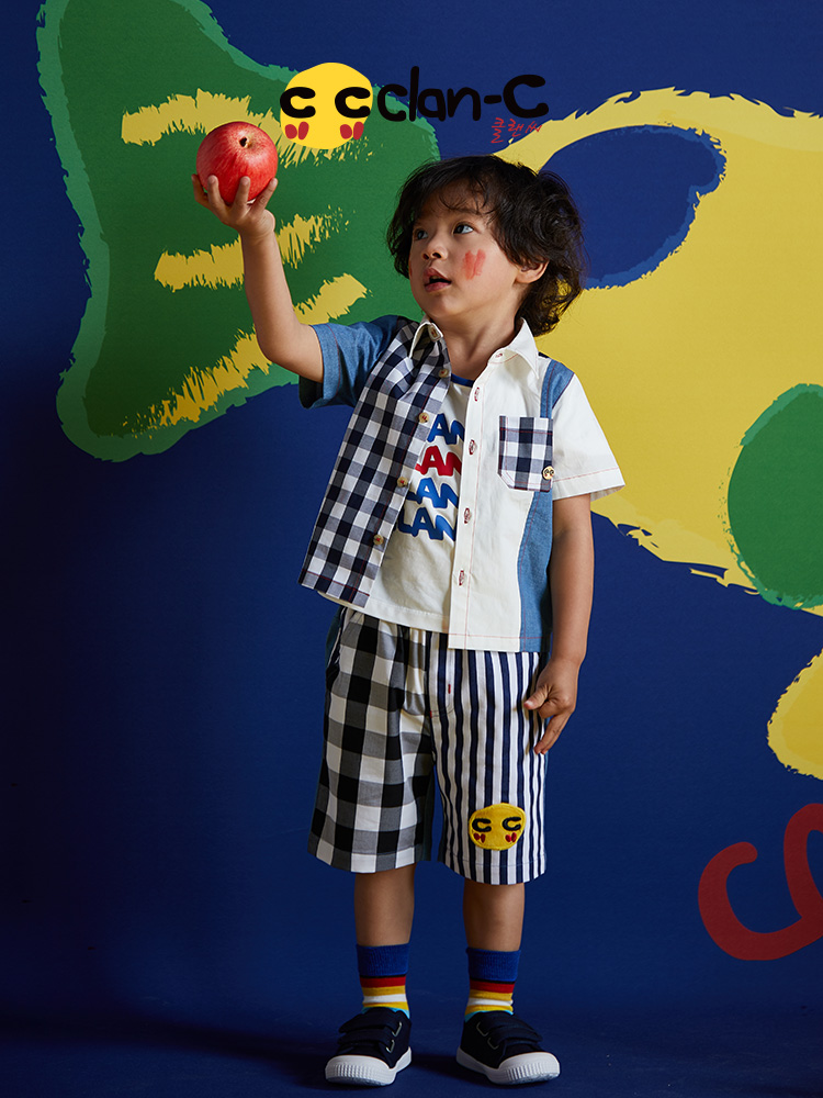 clanc韩版潮牌2024夏新款男童时尚格子满印纯棉休闲舒适短袖衬衫 - 图1