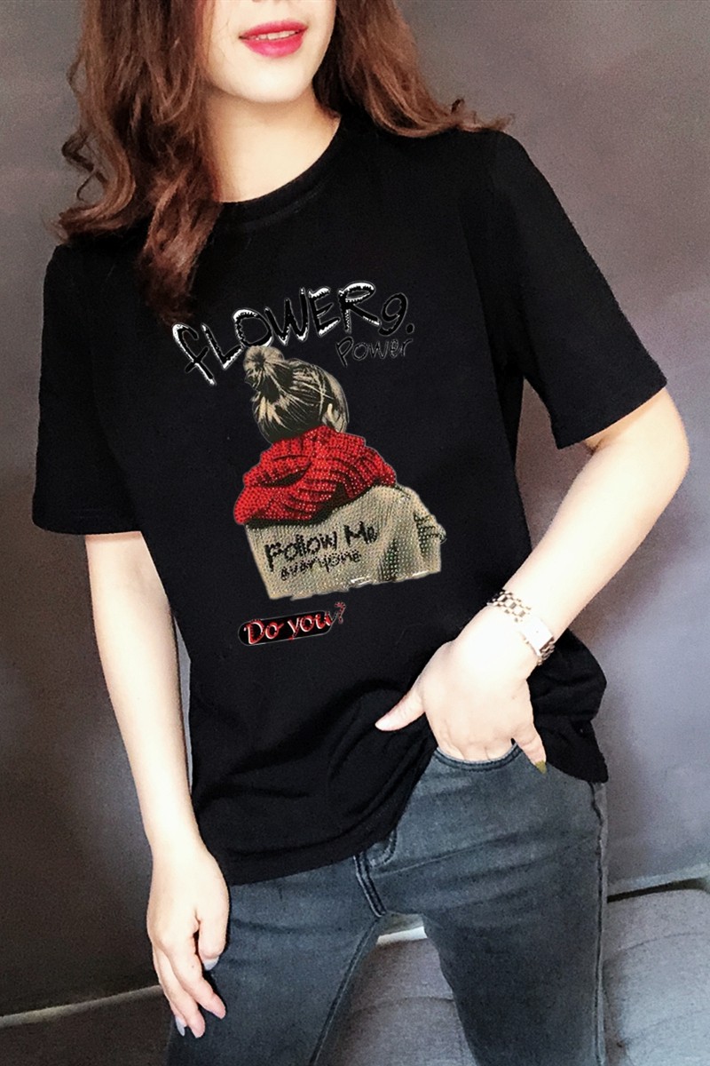 2020夏装女短袖黑色纯棉字母潮t恤 简伯依达T恤