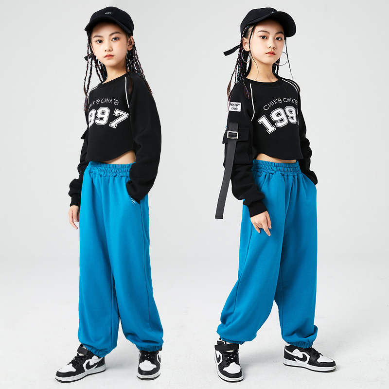 街舞儿童潮服爵士舞服装女童露脐上衣炸街嘻哈套装女孩表演服装潮