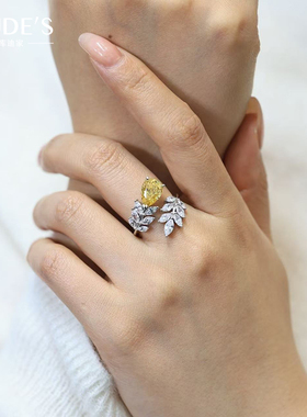 KUDE'S库迪家3克拉黄色水滴高碳钻树叶戒指女士复古镶嵌满钻钻戒